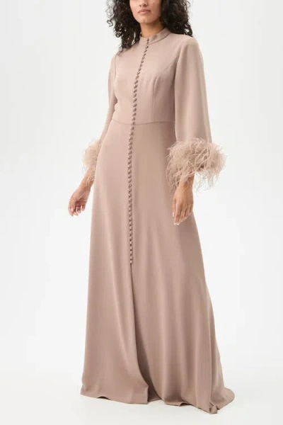 Trina Turk Montmarte Feathre Trim Maxi Dress In Brown