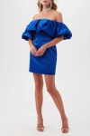 Trina Turk Nia Off The Shoulder Ruffle Satin Cocktail Dress In Blue