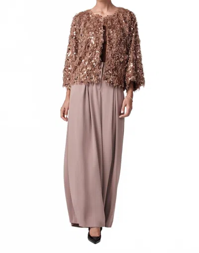 Trina Turk Oller Cropped Faux Fur Coat In Beige Rhinestone In Brown