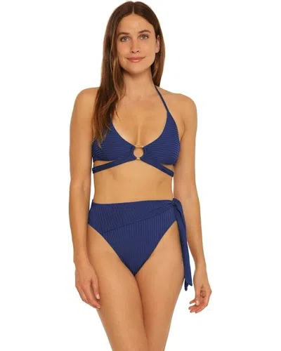 Trina Turk Olympia Halter Top Womens Blue Stretch Ribbed Ring Swimwear Jdm495