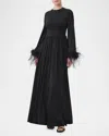 Trina Turk Orla Ruched Feather-trim Gown In Black