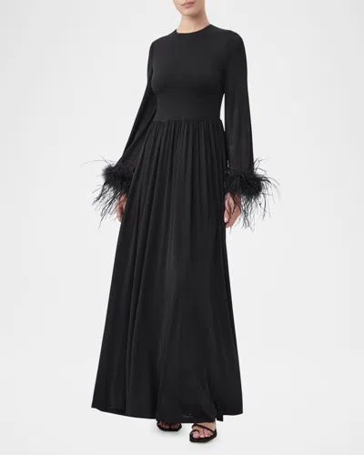 Trina Turk Orla Ruched Feather-trim Gown In Black