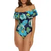 Trina Turk Pirouette Ruffle Off The Shoulder One-piece Swimsuit In Navy Multi