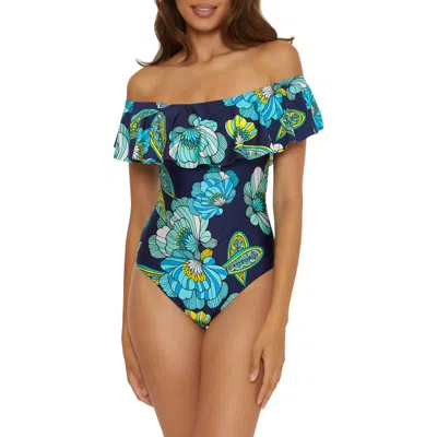 Trina Turk Pirouette Ruffle Off The Shoulder One-piece Swimsuit In Navy Multi