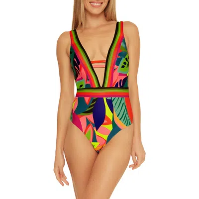 Trina Turk Rainforest Plunge One-piece Swimsuit In Green Multi