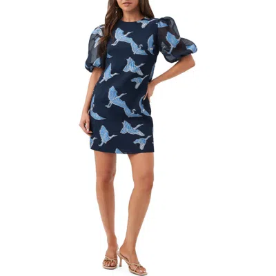 Trina Turk Ringo Puff Sleeve Crane Dress In Blue