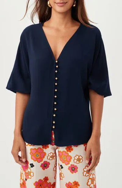 Trina Turk Sail Puff Sleeve Button-up Top In Blue