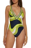 Trina Turk Serena Plunge One-piece Swimsuit In Blue Multi