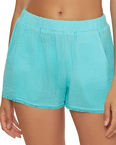 Trina Turk Serene Cotton Fringe Cover Up Shorts In Blue Pearl