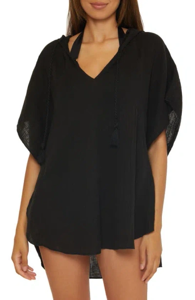 Trina Turk Serene Cotton Gauze Hooded Cover-up Poncho In Black