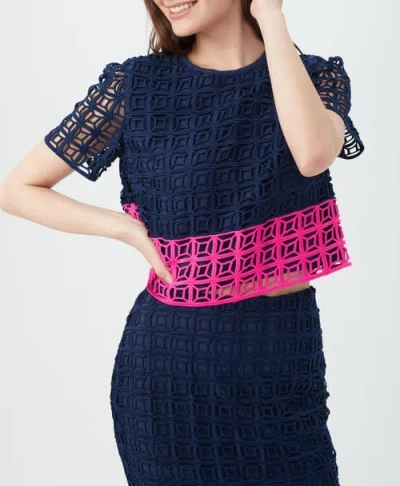 Trina Turk Serilda 2 Cropped Colorblock Lace Top In Indigo/petal Pink