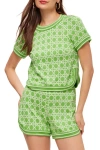 Trina Turk Short Sleeve Geometric Knit Simona Top In Serene Green/white
