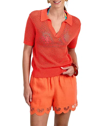 Trina Turk Short Sleeve Jadelyn Mesh Polo In Orange