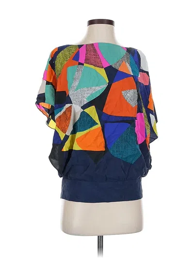 Pre-owned Trina Turk Short Sleeve Silk Top Blue Color Block Pattern Square Neckline Tops
