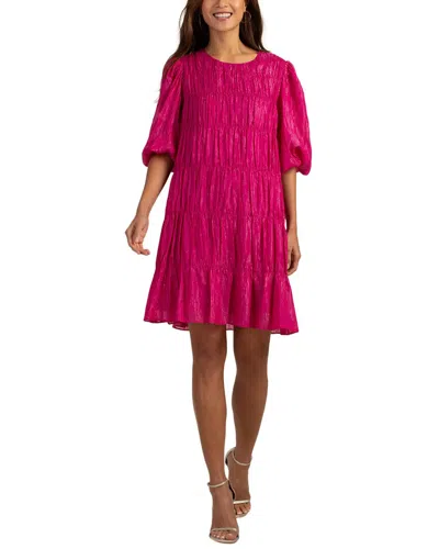 Trina Turk Silvery Shirred Puff-sleeve Shimmer Dress In Pink