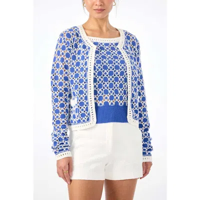 Trina Turk Sinai Geometric Knit Cardigan In Cobalt Cove/whitewash