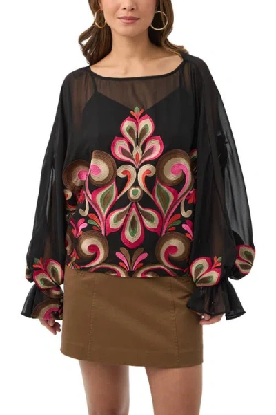 Trina Turk Soho Embroidered Boat Neck Top In Black