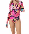 Trina Turk Solar Floral Half Zip Long Sleeve One-piece Rashguard Swimsuit In Pink