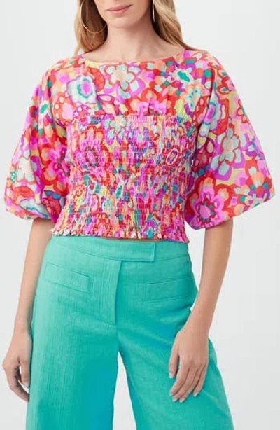 Trina Turk Sumi Puff Sleeve Silk Top In Pink Multi