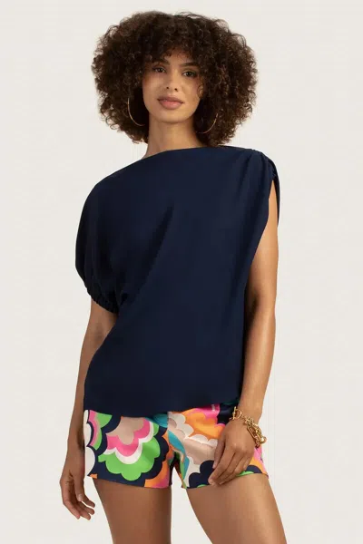 Trina Turk Top Women's Small Navy Blue Pixie Shoulder Asymmetrical Sleeve Erk224