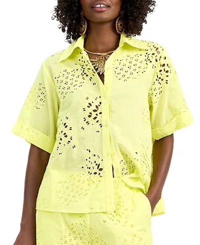 Trina Turk Triennale Top Eyelet Button-down Cotton Shirt In Orange