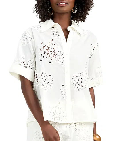 Trina Turk Triennale Top Eyelet Button-down Cotton Shirt In White