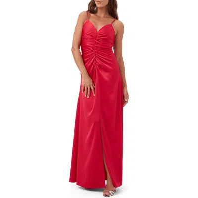 Trina Turk Tulipe Ruched Satin Maxi Dress In Cannes Coral