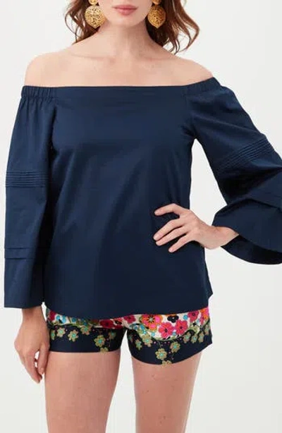 Trina Turk Wavey Organic Cotton Off The Shoulder Top In Blue