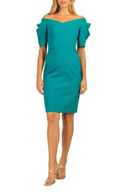 Trina Turk Witty Off The Shoulder Short Sleeve Sheath Dress In Tile Blue