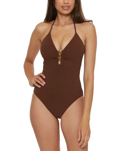 Trina Turk Women's Glimmer Buckle Front One-piece Swimsuit, Created For Macy's In Totem Brown