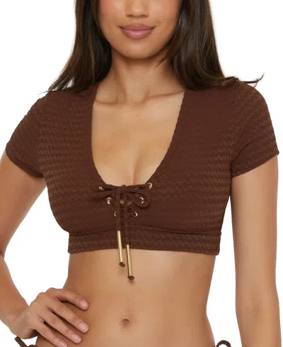 Trina Turk Womens Glimmer Lace Up Crop Swim Tee Top Bikini Bottoms In Totem Brown