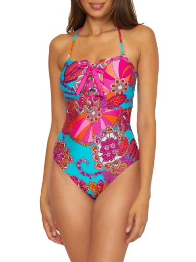 Trina Turk Meilani Lace Up Bandeau One-piece Swimsuit In Multi