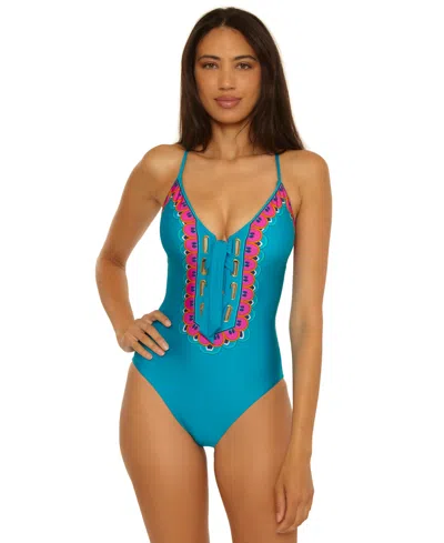 Trina Turk Mykonos Lace Up One-piece Swimsuit In Blue