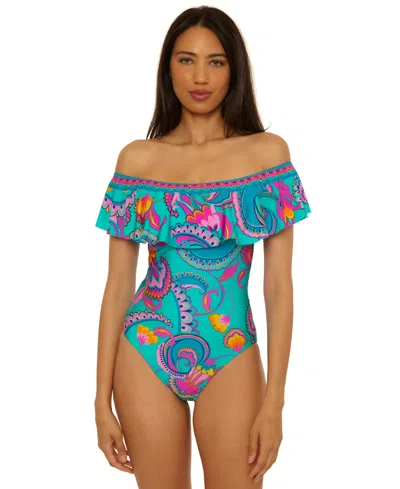Trina Turk Mykonos Ruffle Off The Shoulder One-piece Swimsuit In Blue