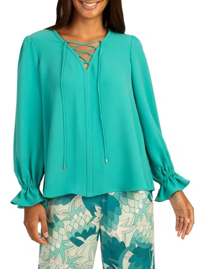 Trina Turk Women's Zahara Lace Up Peasant Top In Tranquil Teal