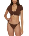 Trina Turk Womens Glimmer Lace Up Crop Swim Tee Top Bikini Bottoms In Totem Brown