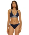 Trina Turk Womens Monaco Pleated Halter Bikini Top Hipster Bottoms In Blue