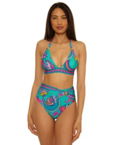 Trina Turk Womens Mykonos Buckle Banded Halter Top High Waist Bottoms In Blue