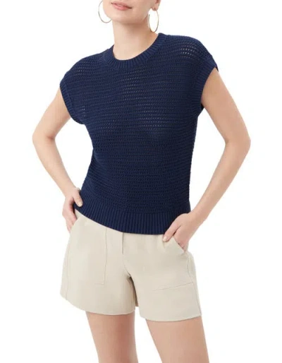 Trina Turk Yuri Open Knit Short Sleeve Pullover In Blue
