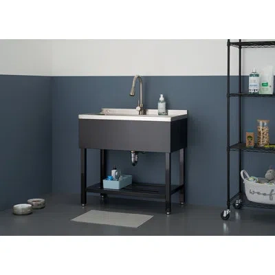 Trinity 36 In. W X20 In. D Freestanding Utility Sink In Stainless Steel And Black W/ Pull-out Faucet In Matte Black