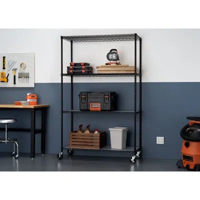 Trinity Black 4-tier Nsf Rolling Steel Wire Shelving Unit W/ Liners & Wheels (48 In. W X 18 In. D) In Satin Black