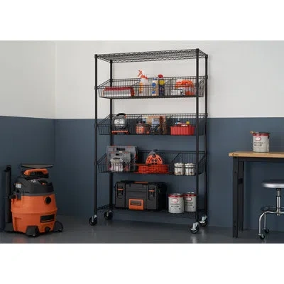 Trinity Black 5-tier Nsf Steel Wire Shelving W/ Baskets, Dividers & Wheels (48 In. W X 18 In. D) In Satin Black