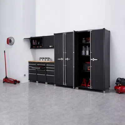 Trinity Pro 8-piece 18-gauge Steel Garage Cabinet Drawer Set In Black /w Solid Wood Top