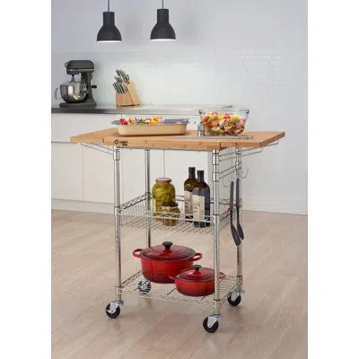 Trinity Pro Ecostorage Kitchen Cart W/ Bamboo Top And Drop Leaf In Chrome