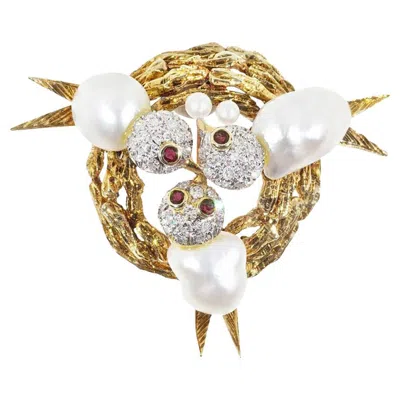 Pre-owned Trio Pearl Diamond Ruby Baroque Pearl Triple Bird Nest 14k Yellow Gold Brooch
