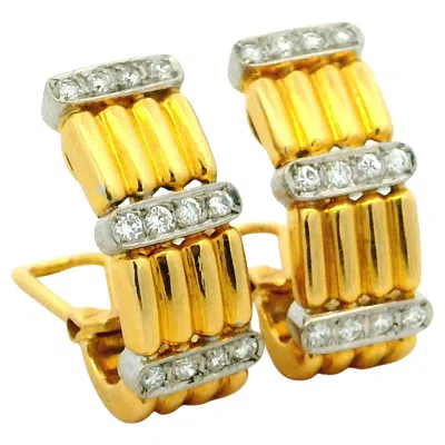 Pre-owned Trio Vintage Italian  18k Gold Diamond Ribbed Clip Earrings, Circa 1960s In Multi