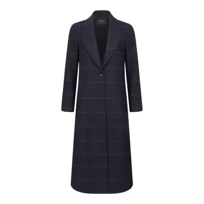Triona Women's Blue Navy & Pink Windowpane Shannon Classic Full Length Wool Coat