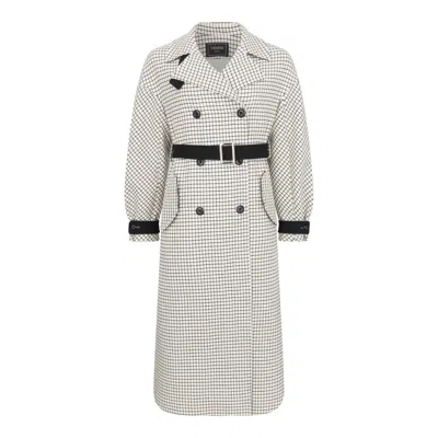 Triona Women's White & Black Windowpane Kate Merino Lambswool Trench Coat