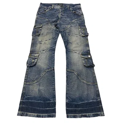 Pre-owned Tripp Nyc Topism Denim Flare Cargo Pants Bleach In Blue