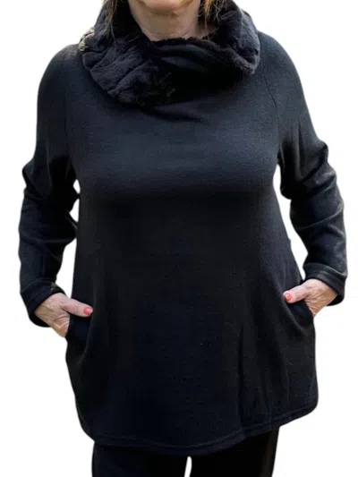 Trisha Tyler Fur Cowl Neck Tunic Top In Black